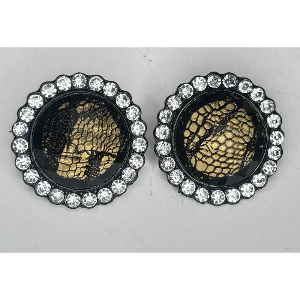 Statement Earrings Black Lace Gold Tone Clear Rhinestone Round Goth